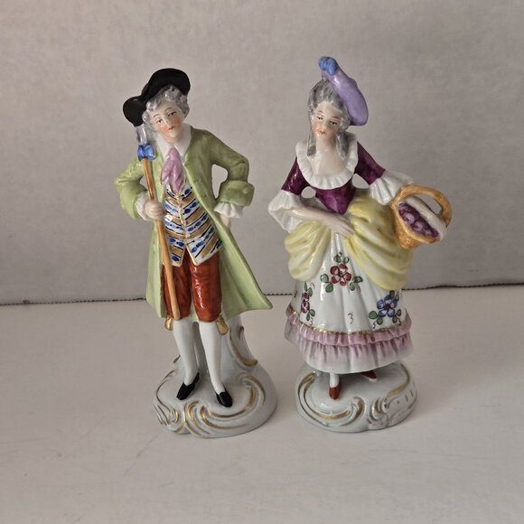 Set of 2 Germany Porcelain Men Lady w/Basket Figurine CROWN N Germany - Picture 1 of 5